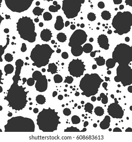 Abstract artistic paint splashes and blots seamless pattern. Black and white hand drawn splash textured background. Design for print, fabrics, textile, wrapping paper, wallpaper. Vector illustration.