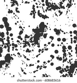 Abstract artistic paint splashes and blots seamless pattern. Black and white hand drawn splash textured background. Design for print, fabrics, textile, wrapping paper, wallpaper. Vector illustration.