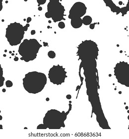 Abstract artistic paint splashes and blots seamless pattern. Black and white hand drawn splash textured background. Design for print, fabrics, textile, wrapping paper, wallpaper. Vector illustration.