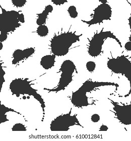 Abstract artistic paint splashes and blots seamless pattern. Black and white hand drawn splash textured background. Design for print, fabrics, textile, wrapping paper, wallpaper. Vector illustration.