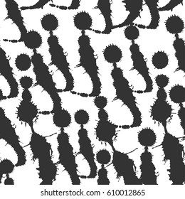 Abstract artistic paint splashes and blots seamless pattern. Black and white hand drawn splash textured background. Design for print, fabrics, textile, wrapping paper, wallpaper. Vector illustration.