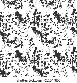Abstract artistic paint splashes and blots seamless pattern. Black and white hand drawn splash textured background. Design for print, fabrics, textile, wrapping paper, wallpaper. Vector illustration.