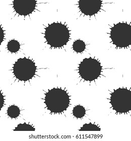 Abstract artistic paint splashes and blots seamless pattern. Black and white hand drawn splash textured background. Design for print, fabrics, textile, wrapping paper, wallpaper. Vector illustration.