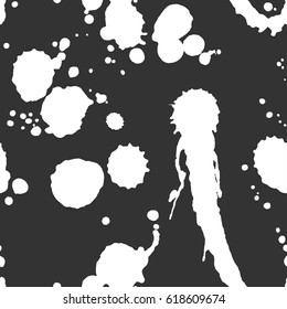 Abstract artistic paint splashes and blots seamless pattern. Black and white hand drawn splash textured background. Design for print, fabrics, textile, wrapping paper, wallpaper. Vector illustration.