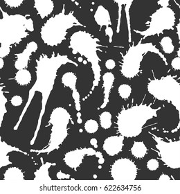 Abstract artistic paint splashes and blots seamless pattern. Black and white hand drawn splash textured background. Design for print, fabrics, textile, wrapping paper, wallpaper. Vector illustration.