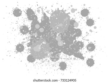 Abstract artistic paint splashes and blots in grey over white. Vector texture background. Horizontal format.