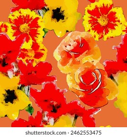Abstract artistic painting with bright red and yellow flowers. Seamless background.