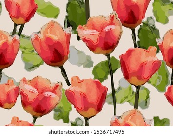 Abstract Artistic Painting with bright red and yellow flowers. Tulips Seamless background.	