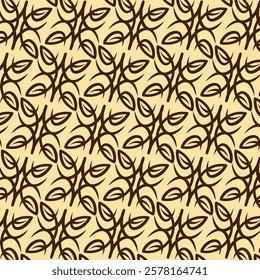 Abstract artistic pattern with brown leaf shapes forming unique intricate forms on a beige background. Seamless design suitable for wallpapers, textiles, and decorative purposes.