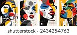 Abstract artistic poster. Beautiful woman color face portrait with paint spots and strokes creative placard set. Female design art painting print. Fashion and beauty colorful banner eps design concept