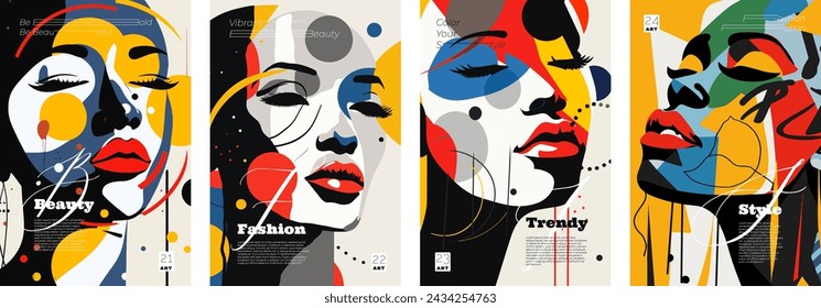 Cartel artístico abstracto. Hermoso retrato de la cara del color de la mujer con manchas de pintura y trazos creativo juego de carteles. Impresión de pintura de arte de diseño femenino. Moda y belleza colorido banner eps concepto de diseño