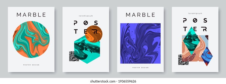 Abstract artistic poster collection with composition of marble texture geometric shapes. Trendy backgrounds with decorative colorful gemstones. Ideal for cover, flyer, banner,card, package.