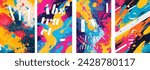 Abstract artistic poster. Colorful paint splashes and strokes creative inscription placard. Design inspiration art painting print concept. Bright color graphic spots textures exhibition banner. Vector