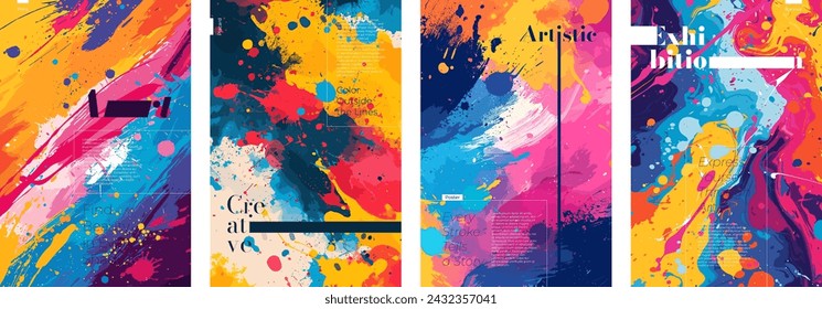 Abstract artistic poster. Colorful watercolor paint splashes and strokes creative placard. Design art grunge painting print concept. Bright color graphic spots textures exhibition banner. Vector eps