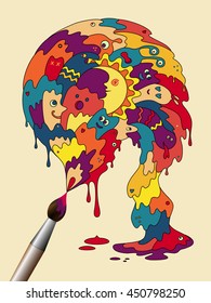 Abstract artistic poster with cute doodle characters.The brush splash out the paint that turns into monsters. Colorful vector illustration in cartoon style.