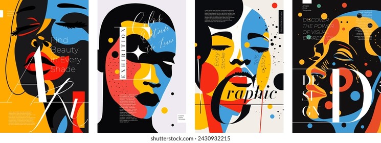 Abstract artistic poster set. Person face in simple graphic color spots with creative inscription placard. Design art painting exhibition and fashion print concept. Trendy artwork vector eps banner