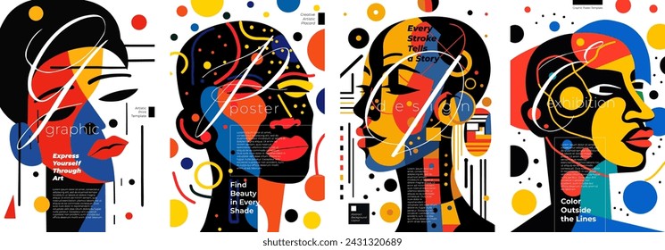 Abstract artistic poster set. Person face in simple graphic color spots with creative inscription placard. Design art modern painting exhibition and fashion print concept. Trendy artwork vector banner