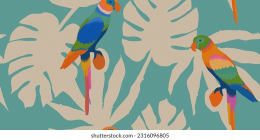 Abstract artistic print with various leaves and parrots. Modern hand drawn collage contemporary seamless pattern. 