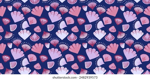 Abstractas artístico conchas marinas púrpura patrón sin fisuras sobre un fondo azul oscuro. Impresión marina de Formas creativas. Vector dibujo a mano. Plantilla para diseños, cubierta de cuaderno, papel de embalaje, exótico