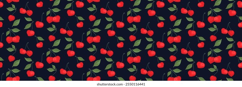  Abstract artistic red cherries with green leaves pattern on a black background. Creative berries, fruits, green leaf, seamless print. Vector hand drawing painted. Design ornament 