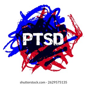 Abstract Artistic Representation of PTSD with Chaotic Red and Blue Brush Strokes Surrounding Bold White Text