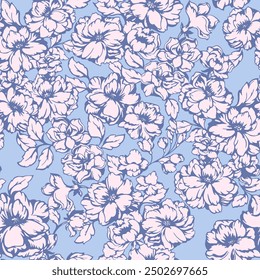 Abstract artistic seamless floral pattern. Blue blooming meadow print on pastel background. Vector hand drawing stylized peonies, rose. Nature ornament for designs, textile, fashion, design fabric