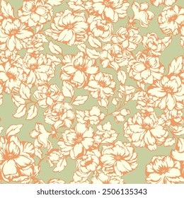 Abstract artistic  seamless floral pattern. Vintage blooming meadow print on pastel mint green background. Vector hand drawing stylized peonies, rose. Nature ornament for fabric designs, textile