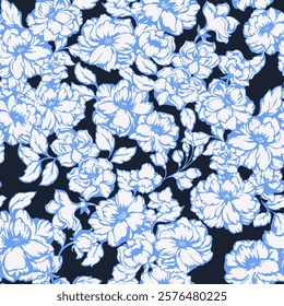 Abstract artistic  seamless floral pattern. Blue blooming meadow print on black background. Vector hand drawing stylized peonies, rose. Nature ornament for designs, textile, fashion, design fabric