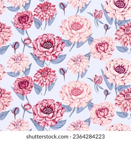  Abstract, artistic seamless flowers pattern. Gently, pink, yellow, burgundy, peonies, dahlias Floral tapestry. Vector hand drawing. Template for textile, fashion, print, surface design, paper, cover