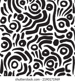 Abstract artistic seamless pattern background with black ink brush irregular stroke shapes. Black and white monochrome modern grunge textured print, wallpaper, textile