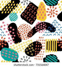 Abstract artistic seamless pattern. Colored creative background with abstract forms. Hand drawn textures illustration isolated on white background.