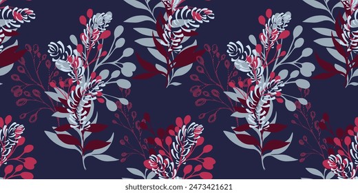 Abstractas patrón artístico sin fisuras con ramas de ramos de colores, hojas y formas únicas. Ilustración de dibujo a mano de Vector. Formas creativas de impresión de subgrupos de hojas sobre un fondo azul oscuro. 