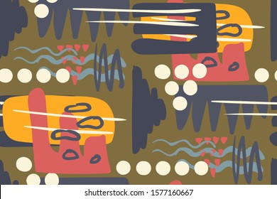 Abstract artistic seamless pattern hand drawn with brush strokes, spots, texture, modern trendy design.