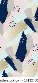 Abstract artistic seamless pattern with organic shapes and brush strokes. Pink, blue and golden colors. Trendy and stylish wallpaper, textile, branding and packaging design, modern wall art. Paint