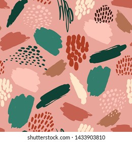 Abstract artistic seamless pattern with trendy hand drawn textures, spots, brush strokes. Modern abstract design for paper, cover, fabric, interior decor and other users.