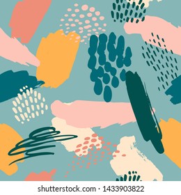 Abstract artistic seamless pattern with trendy hand drawn textures, spots, brush strokes. Modern abstract design for paper, cover, fabric, interior decor and other users.
