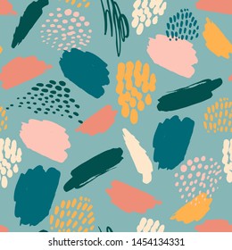 Abstract artistic seamless pattern with trendy hand drawn textures, spots, brush strokes. Modern abstract design for paper, cover, fabric, interior decor and other users.