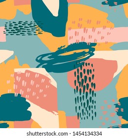 Abstract artistic seamless pattern with trendy hand drawn textures, spots, brush strokes. Modern abstract design for paper, cover, fabric, interior decor and other users.
