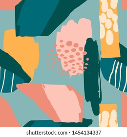 Abstract artistic seamless pattern with trendy hand drawn textures, spots, brush strokes. Modern abstract design for paper, cover, fabric, interior decor and other users.