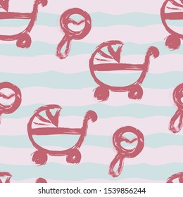 Abstract artistic seamless pattern with trendy hand drawn textures, spots, brush strokes. Modern bright design for paper, covers, fabrics, home decoration. Baby Strollers and Rattles