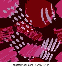 Abstract artistic seamless pattern with trendy hand drawn textures, spots, brush strokes. Modern abstract design for paper, covers, fabrics, home decoration. Red brush strokes