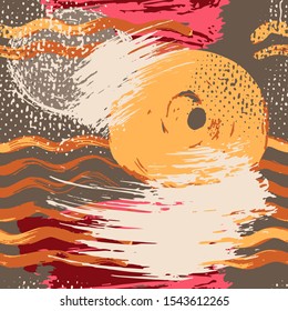 Abstract artistic seamless pattern with trendy hand drawn textures, spots, brush strokes. Modern bright design for paper, covers, fabrics, decoration. Brazilian Carnival