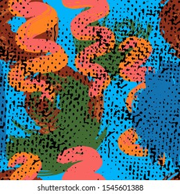 Abstract artistic seamless pattern with trendy hand drawn textures, brush. Modern bright design for fabrics. Collage