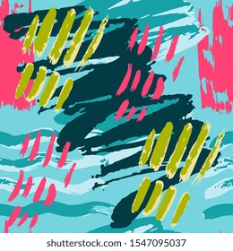 Abstract artistic seamless pattern with trendy hand drawn textures, spots, brush strokes. Modern bright design for paper, covers. Brazilian Carnival