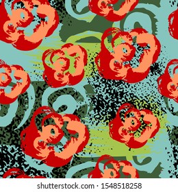 Abstract artistic seamless pattern with trendy hand drawn textures, spots, brush strokes. Modern bright design for paper, covers, fabrics, home decoration. Floral motif