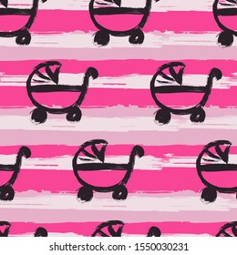 Abstract artistic seamless pattern with trendy hand drawn textures, spots, brush strokes. Modern bright design for paper, covers, fabrics, home decoration. Baby carriages, coloring for the girl