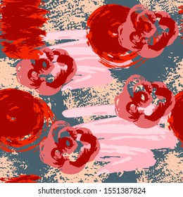 Abstract artistic seamless pattern with trendy hand drawn textures, spots, brush strokes. Modern bright design for paper, covers, fabrics. Floral motif