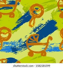 Abstract artistic seamless pattern with trendy hand drawn textures, spots, brush strokes. Modern bright design for paper, covers, fabrics. Baby Strollers and Rattles