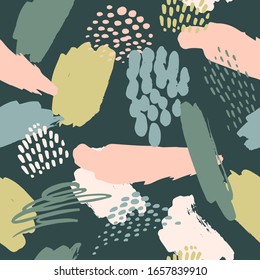 Abstract artistic seamless pattern with trendy hand drawn textures, spots, brush strokes. Modern abstract design for paper, cover, fabric, interior decor and other users.
