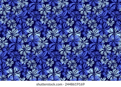 Abstract artistic shapes blue ditsy flowers seamless pattern on a black dark background. Brush floral texture printing. Vector hand drawn sketch. Template for designs, children textiles